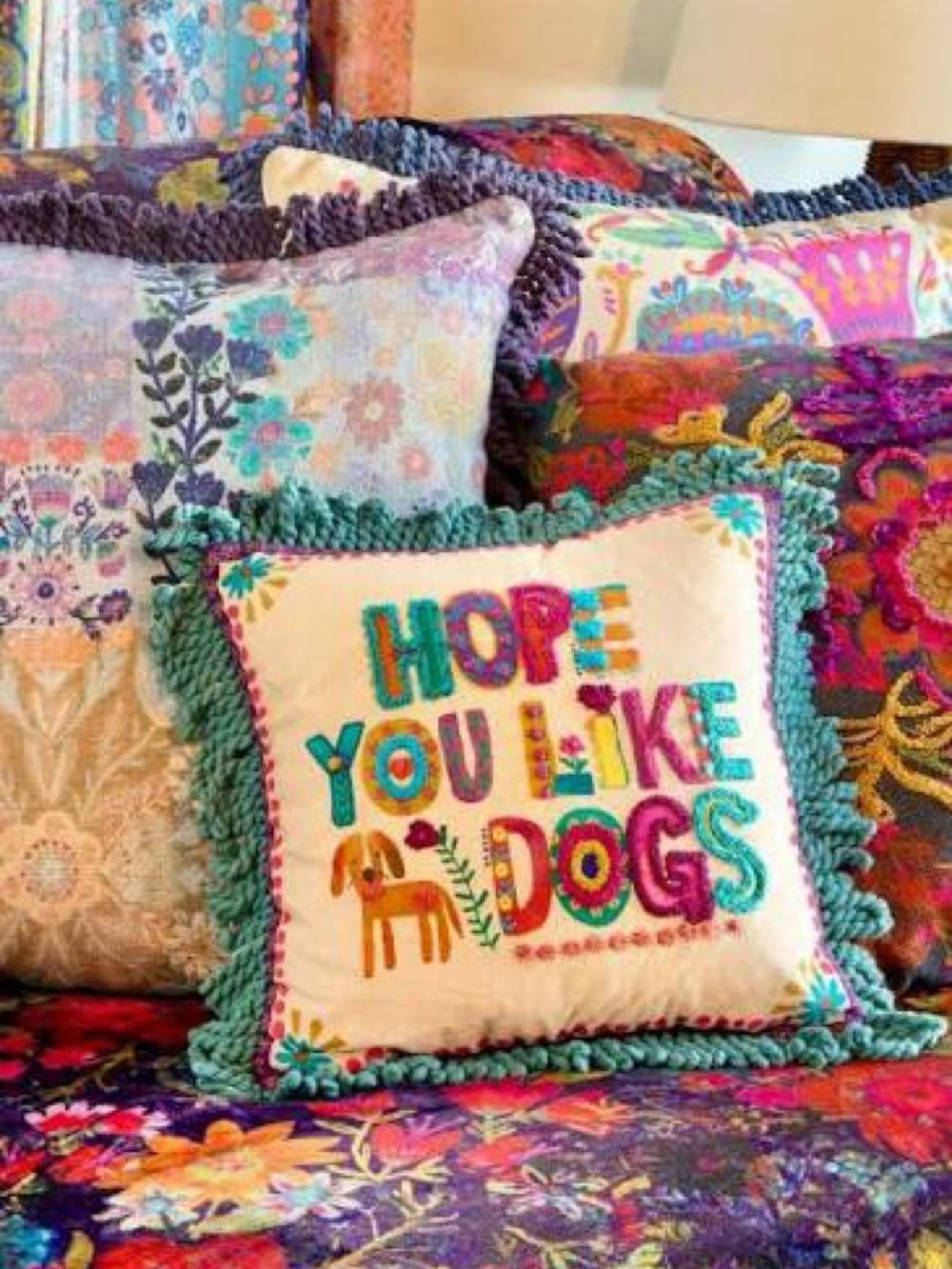 Decorative 'Hope You Like Dogs' Accent Pillow in Teal and Multicolor